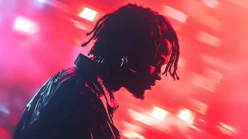 Neon backlit profile captures cyber-noir portrait in motion blur