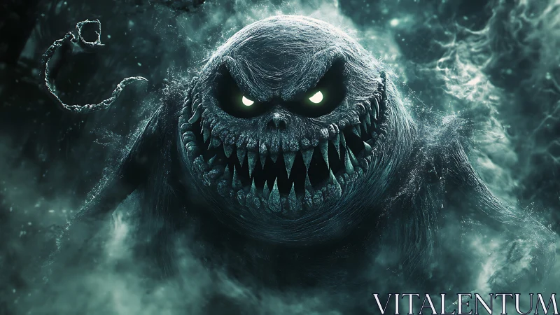 Stormy ghostly monster grins with glowing eyes in swirling mist