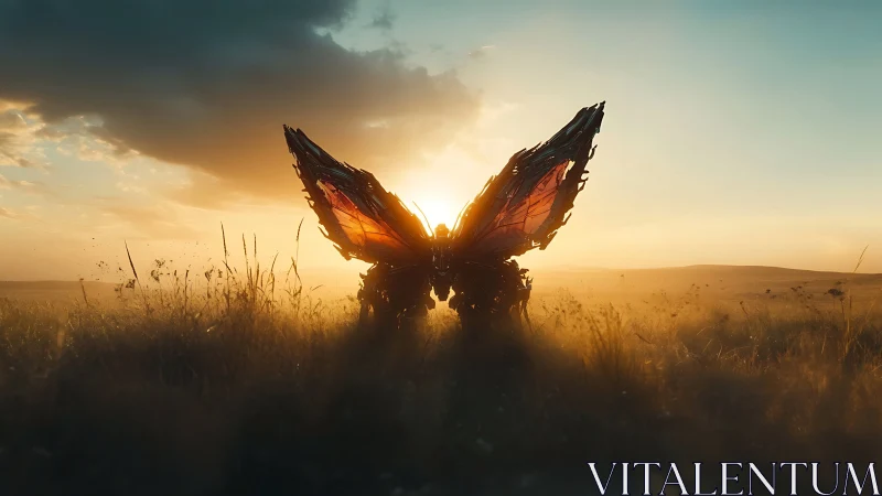 Mech-butterfly sentinel unfolding wings in molten sunset glow.