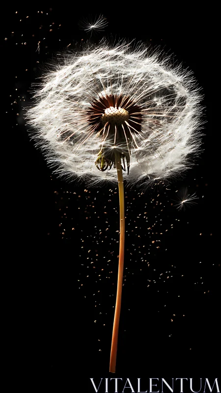 Macro dandelion seed burst under high-contrast lighting study.