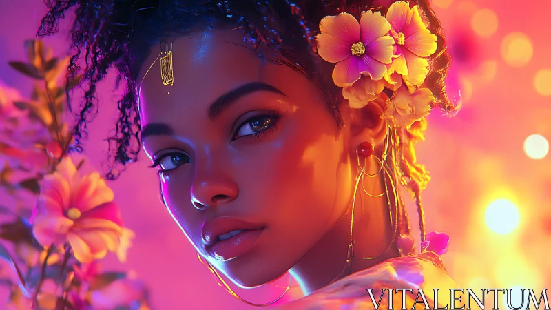 Radiant floral portrait glows in dreamy neon evening light
