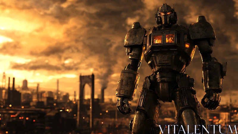 Armored combustion mech overlooking industrial dusk skyline.
