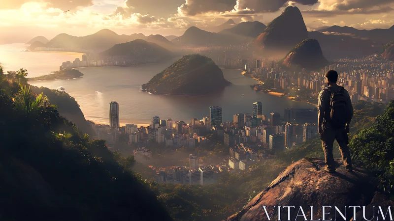 Cinematic digital vista of coastal metropolis at golden hour.