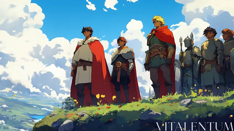 Heroic fantasy cohort on cliffside under expansive sky.