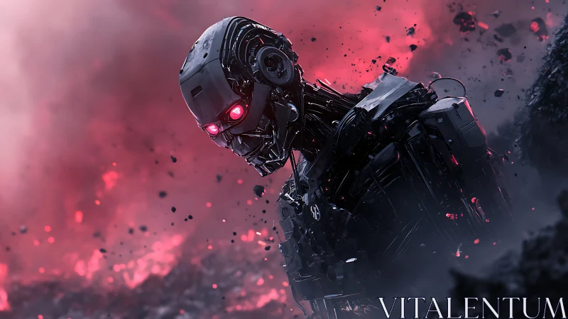 Damaged endoskeleton robot emerges in volumetric red smoke field