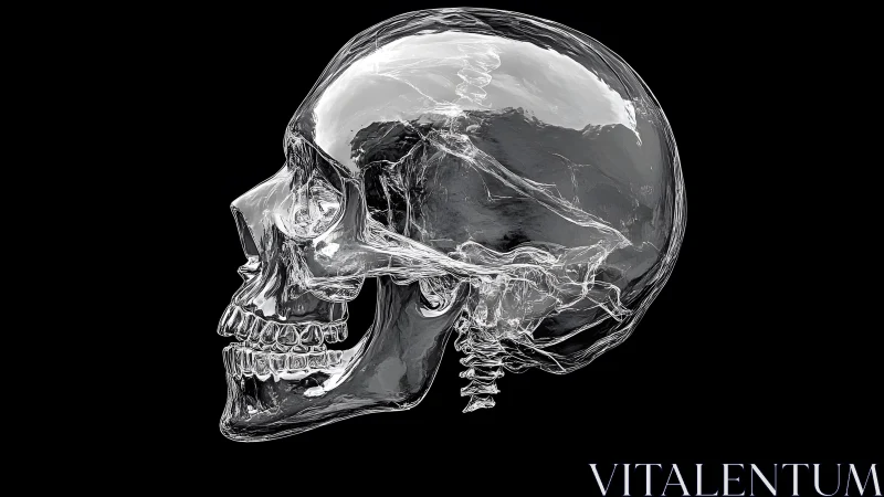 Transparent human skull in 3D digital art style on black background.