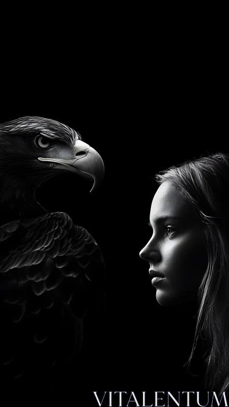 Nocturne of girl and eagle in mirrored silvered profiles.