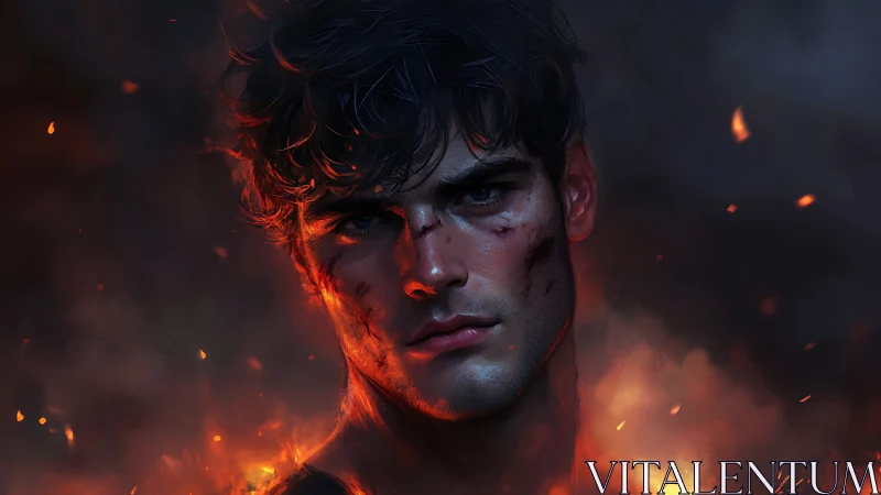 Battle-scarred warrior framed by embers and shadowed smoke.