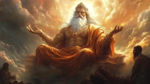 Majestic robed deity seated in glowing celestial clouds.