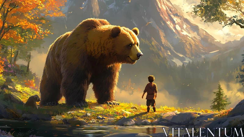 Majestic bear and child under golden alpine autumn light.