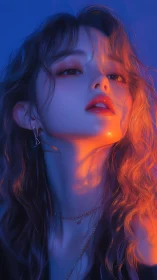 Neon-lit portrait bathes a confident gaze in vivid glow.