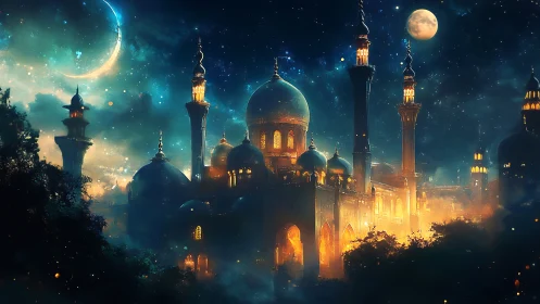 Luminous celestial palace in nocturnal fantasy skyline.