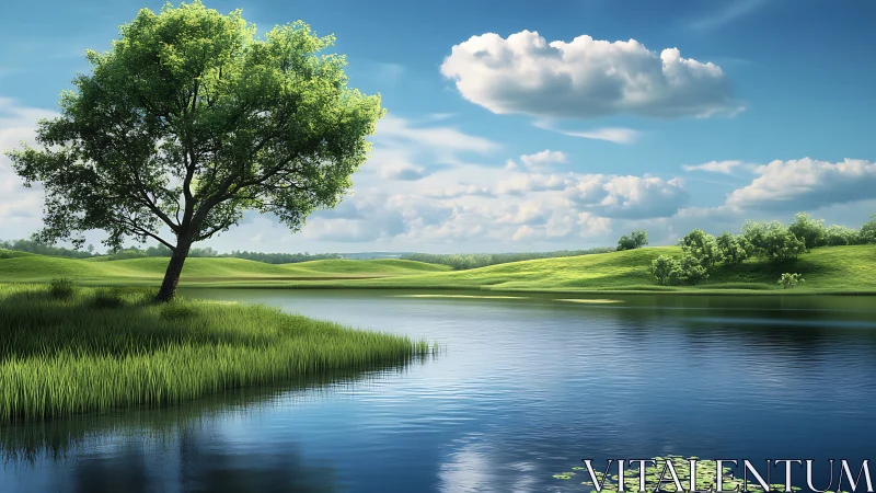 Solitary lakeside tree under bright summer sky reflection.