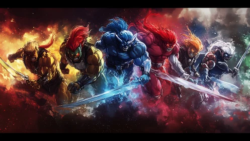 Anthropomorphic warriors advance through polychromatic clouds