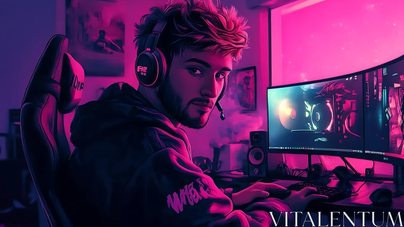 Neon gamer glows in a cozy dual monitor streaming setup