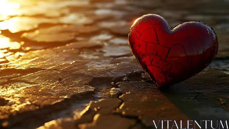 Cracked Red Heart Against Golden Cracked Ground.