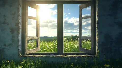 Sunlit open window frames a tranquil wildflower meadow view