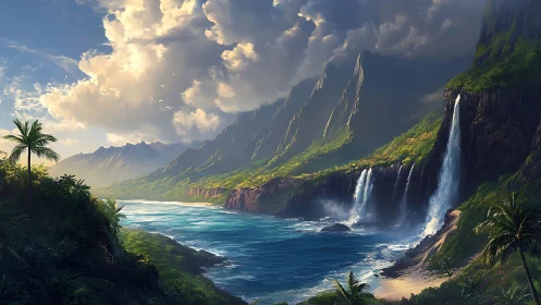 Tropical Paradise Waterfalls Cascade Into Azure Coastal Cove