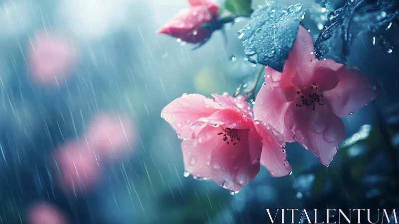 Pink Blossoms Drenched in Rain and Droplets.