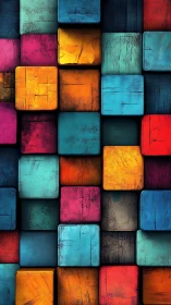 Stacked neon blocks carve a gritty geometric color maze.