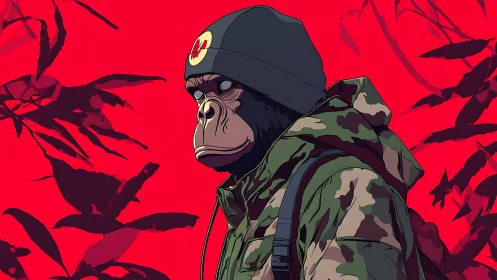 Militarized chimpanzee portrait in camo jacket on red field