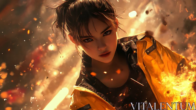 Female Character in Orange Jacket with Fire Effects.