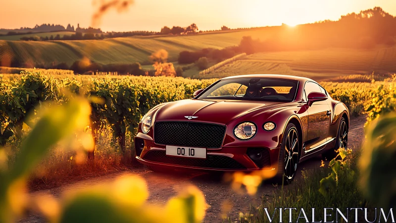 Sunlit red luxury coupe glides along a peaceful vineyard lane
