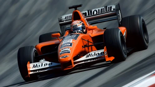 Orange Formula race car leans into corner on blurred circuit.