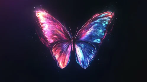 Glowing neon butterfly silhouette floats on dark background