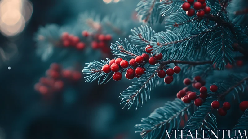 Frost-kissed evergreen needles cradling luminous winter berries.