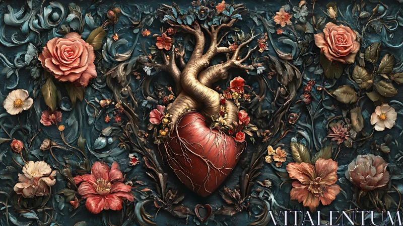 Anatomical Heart Surrounded by Baroque Floral Elements