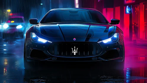 Neon-illuminated Maserati front view in rainy urban streetscape.