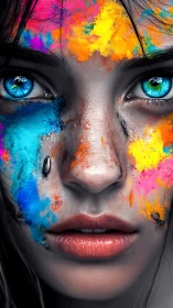 Chromatic portrait with hyperreal eyes and neon pigments.