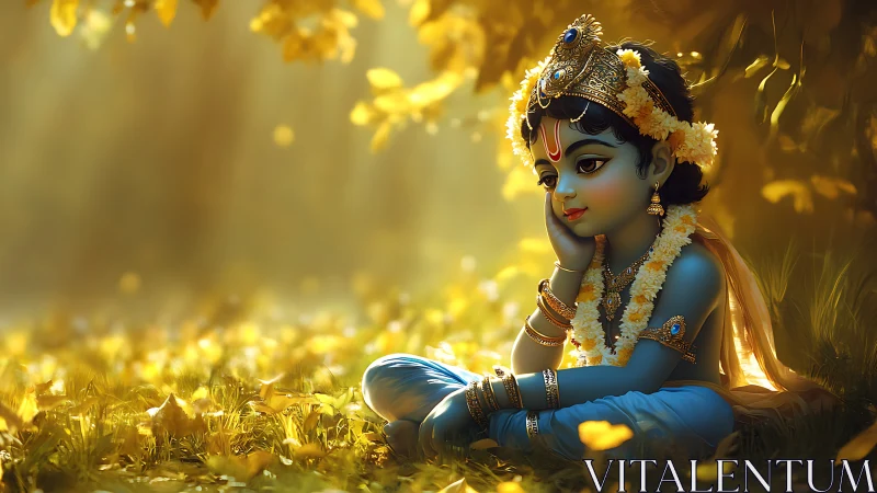 Golden forest daydream with divine blue child in blossoms.