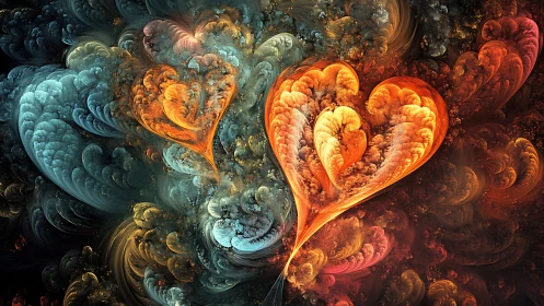 Glowing Fractal Hearts Floating In A Swirling Cosmic Dream.