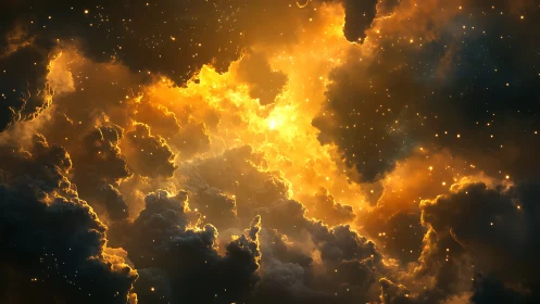 Fiery cosmic nebula cloudscape with glowing golden light.