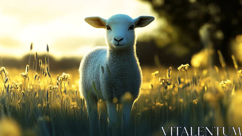 Lamb standing in backlit meadow under low evening sunlight.