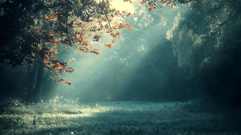 Sunlit forest clearing with morning mist and foliage.