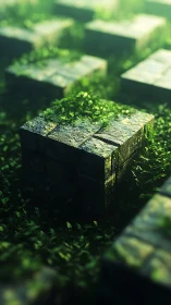 Moss covered stone blocks in soft green forest light.