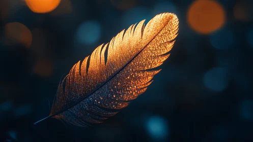 Golden feather macro in cinematic blue bokeh environment.