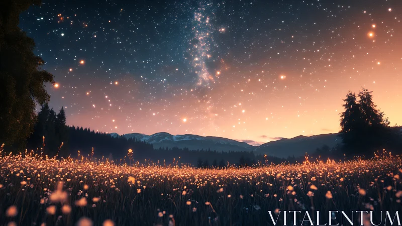 Astrophysical meadow panorama under luminous galactic veil.