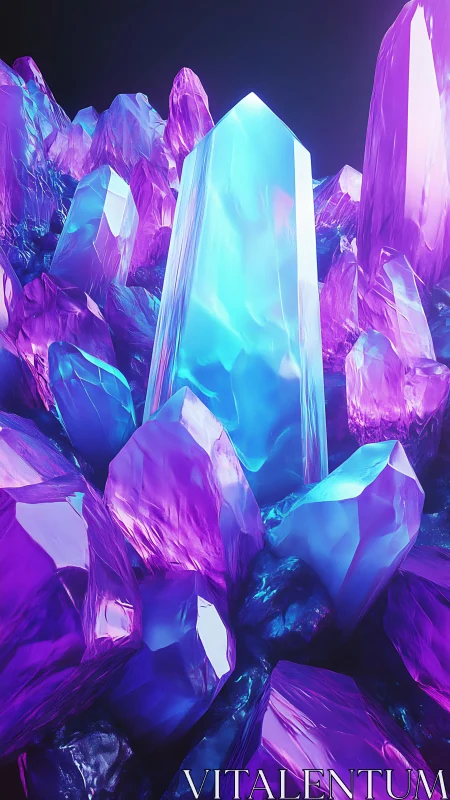 Luminous cyan crystal rises among glowing violet shards.