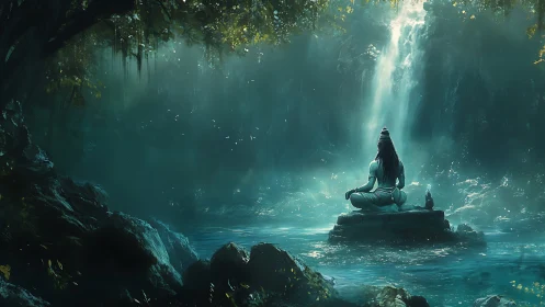 Meditating figure sits on river rock below luminous waterfall