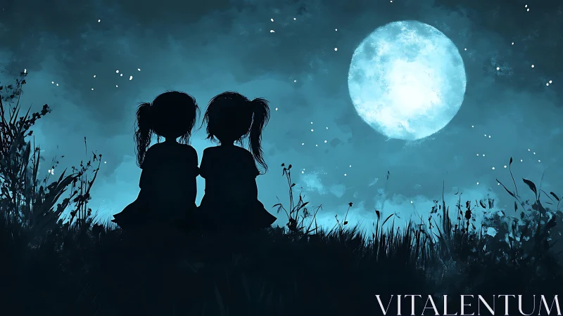 Silhouetted children observe a luminous full moon in nightscape