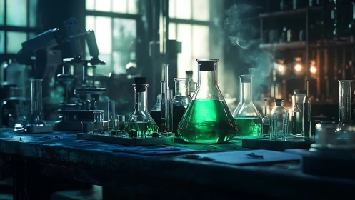 Emerald experiments simmer quietly under laboratory twilight