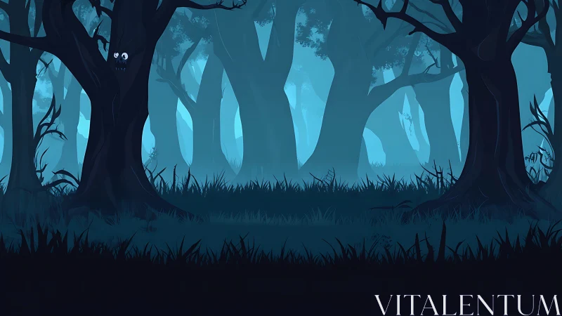 Misty Forest Landscape with Silhouetted Trees and Ethereal Lighting.