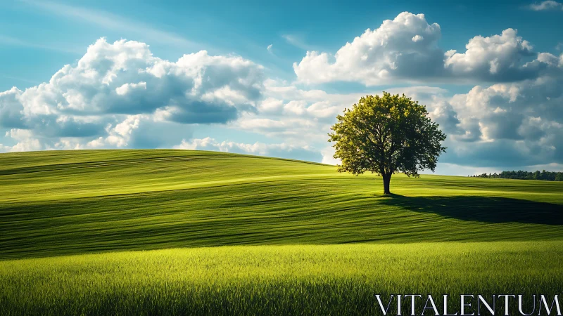 Isolated hardwood tree on undulating photoreal grassland slope.