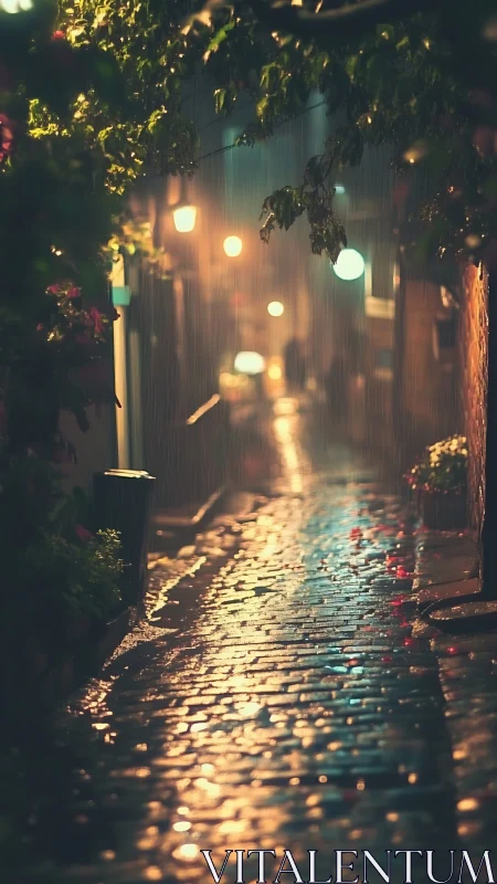 Rain-soaked cobblestone alley under warm urban lanterns.