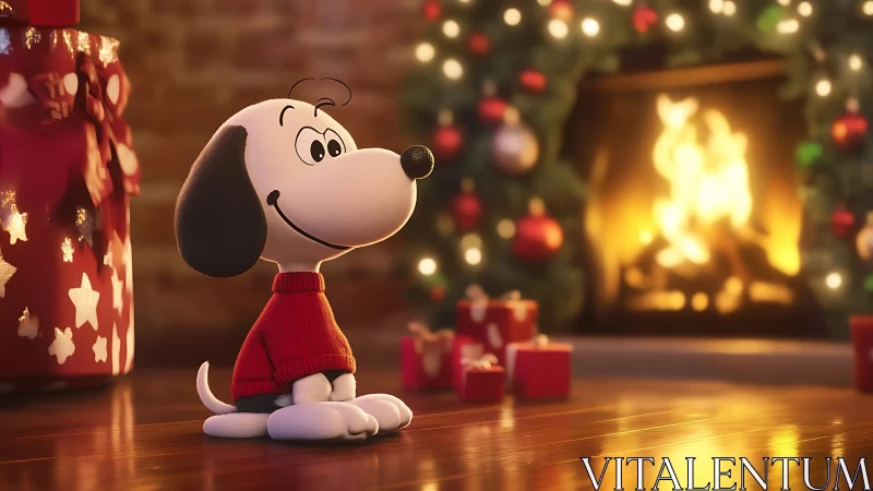 Cartoon puppy enjoys cozy Christmas warmth by fireplace