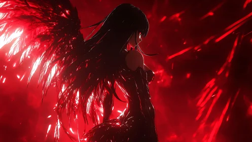 Dark winged anime figure stands in crimson backlight